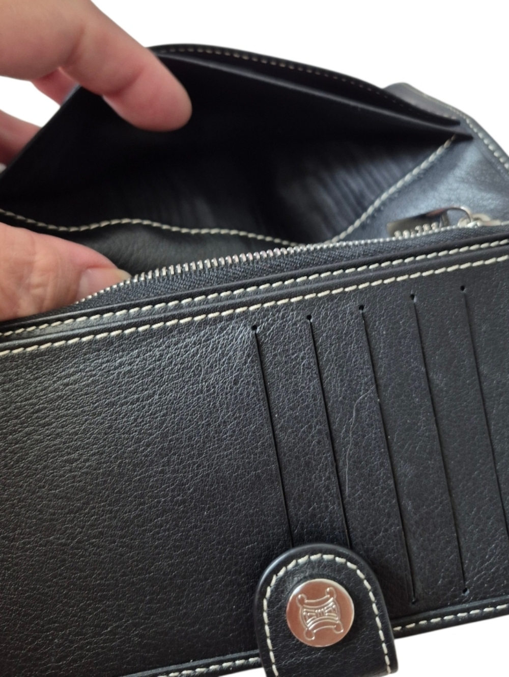 Celine Paris Black Grey Triomphe Fabric Leather Long Wallet - Picture 10 of 13